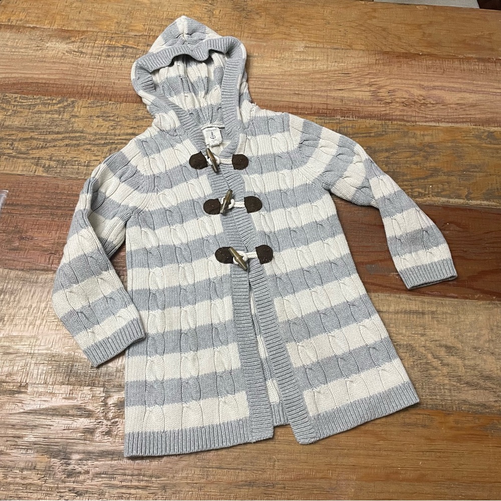 Lands Ends Kids Sweater Medium 5-6 Gray stripes hooded wooden toggle